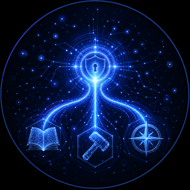Abstract emblem of a glowing hub with paths for learning, building, and security